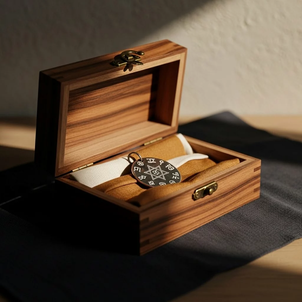 Talisman spirituel dans coffret de bois – Objet consacré pour protection, chance ou amour