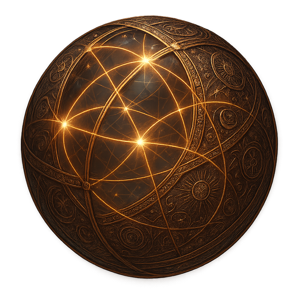 Sphère mystique gravée aux motifs astrologiques utilisée pour la voyance et les rituels de désenvoûtement à distance