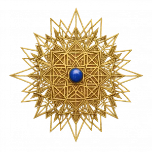 Talisman géométrique doré avec centre bleu – Symbole de protection et d’équilibre spirituel