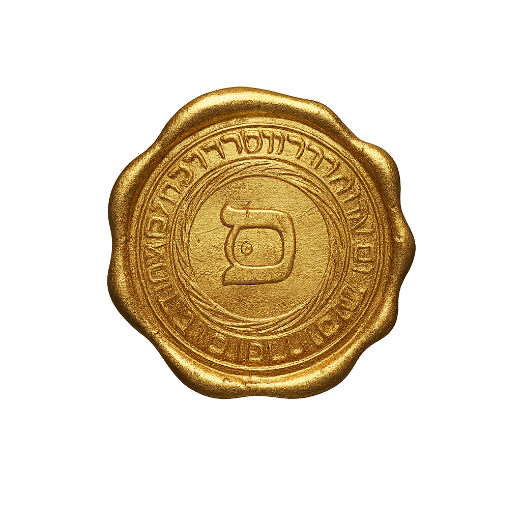 Sceau hébraïque doré – Symbole de divination et d’authenticité spirituelle Sceau doré avec lettre hébraïque – Symbole d’authenticité spirituelle et divination kabbalistique