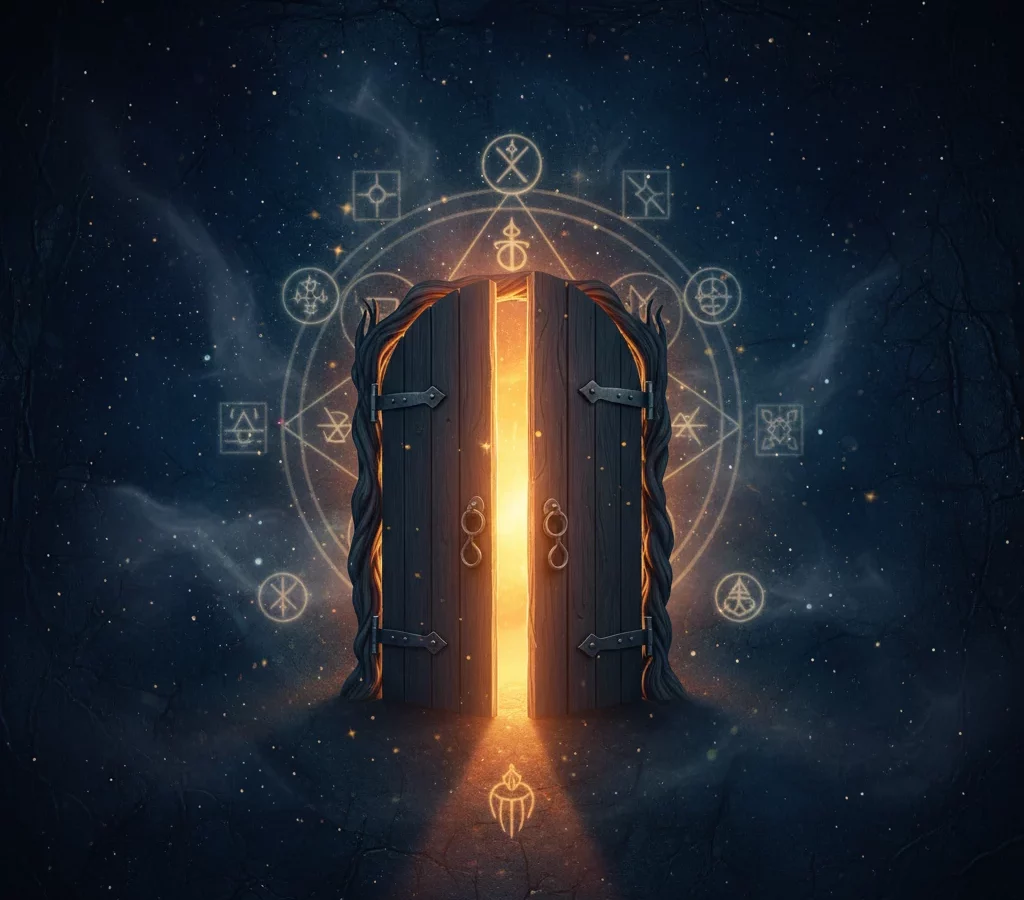 Porte mystique entrouverte avec lumière dorée – Passage symbolique vers le destin et la guidance spirituelle